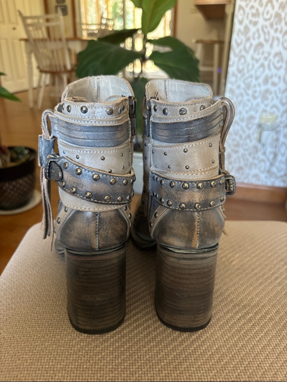 freebird Metallic Gray Studded Ankle Boots with Fringe Strap - Picture 4 of 4